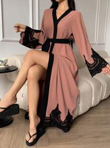 DAZY Robe longue pour femmes en dentelle brodée et patchwork, pyjama bicolore attrayant, tenues confortables