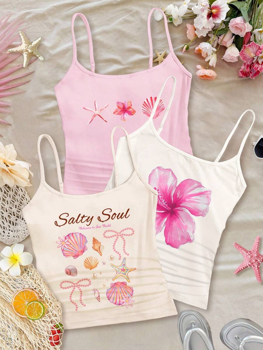 SHEIN 3pcs/Set Tween Girls' Slim Fit Casual Sportive Camisole Racerback Tank Top Basics Girls Summer Tank Tops Tween Girls Tank Tops Cute Girls Beach Tops Girls Beach Tank Tops Summer Camis For Girls - Multicolor - View 1