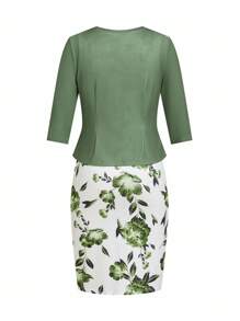 Ellevyn 2 件套 - 女士优雅花卉印花紧身连衣裙和粉色中袖针织开衫，适合约会、通勤、日常穿着 女士绿色服装 鼠尾草绿色服装 花卉连衣裙服装 秋季女装 女士教师服装 女士橙色套装 女士教师服装 秋季女装 - 綠色 - 查看 2