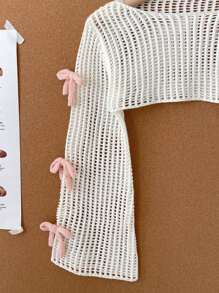 女童米色套头毛衣，可爱休闲时尚3D粉色蝴蝶结针织开衫 - 米色 - 查看 4