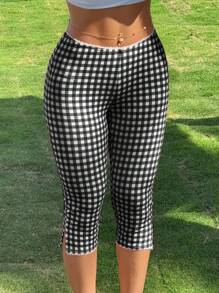 SHEIN EZwear Women's Plaid Knitted Elastic Leggings - Black and White - View 5