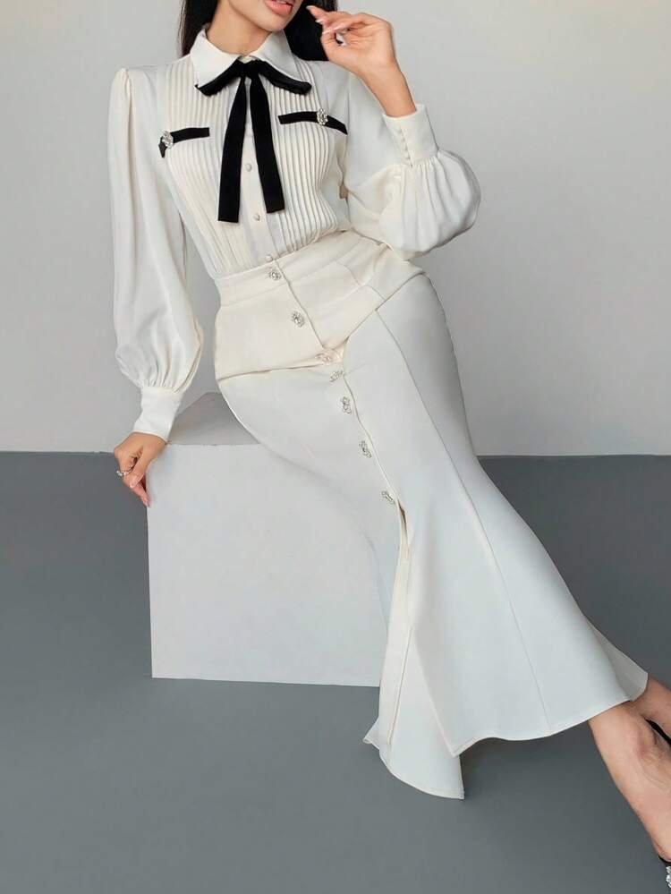 Women's Loose Bowknot Tie Colorblock Pocket Decor Blouse & A-Line Skirt 2Pcs Suit, Elegant For Party White Elegant Dress Women White Classy Dress White Bow Dress Long Sleeve Elegant Dress French Style Dress