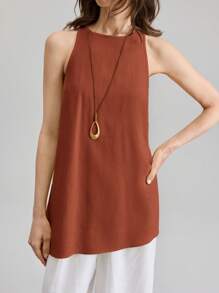 Ontre 2025 新款音乐节/演唱会休闲无袖橙色亚麻圆领背心，适合女士，度假风格日常穿着，商务休闲宽松一字肩衬衫