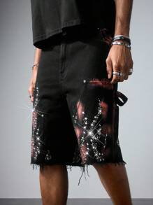 ROMWE MEN Street Life Fashionable Men's Flame Printed Denim Shorts, Summer - Black - View 4