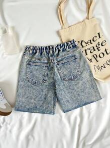 SHEIN 青少年女孩春夏 Y2K 休闲浅色水洗牛仔低腰破洞牛仔裤，带毛边下摆，女孩夏季海滩波西米亚风度假服装，夏季狂欢音乐会节日服装 - 深色水洗藍 - 查看 2