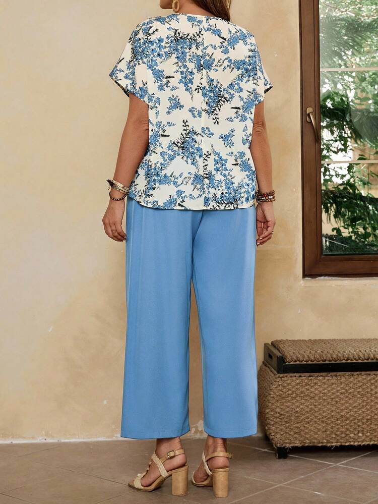 Plus Size Women Floral Print Short Sleeve Shirt & Pants Casual 2 Pieces Set Summer Outfits For Women,Vacation Outfits For Women,Holiday Outfits BohoAutumn,Fall Women's Clothes,Fall Clothes,Country Concert Clothing Outfits