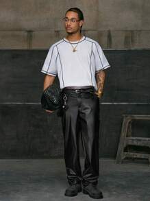 AXEPEAK Men Slant Pocket PU Leather Trousers - Black - View 5