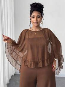 Maweii 2pcs/Set Plus Size Women Solid Color Mesh Ruffle Sleeve Top And Wide Leg Jumpsuit - Brown - View 3