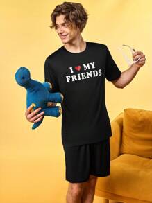 Notgurli Men's Slogan Print Short Sleeve Top And Shorts Pajama Set - Black - View 3