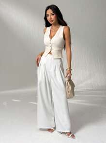 SHEIN PETITE Damski swobodny, jednokolorowy, dzianinowy top z guzikami z przodu, letni - Biały - Zobacz 7