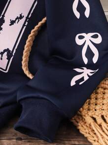 SHEIN Tween Girls Casual Sports Jacket, Number & Bow Graphic, Hooded Zip-Up Sweatshirt Sweatshirt Girls Zip Up Hoodie Kids Zip Up Hoodies Fall Winter - Navy Blue - View 4