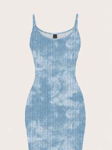 SHEIN EZwear 休闲简约街头风格浅蓝色扎染抽象印花紧身吊带长裙，适合夏季穿着 - 彩色 - 查看 3