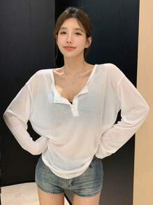 DAZY 女式纯色落肩T恤透明长袖女式上衣，秋季女装