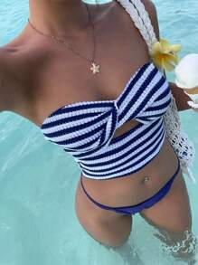 Sunnyshic Blau & Weiß gestreiftes Crop Top mit angerauter Ananasstruktur und Twist-Knoten, rückenfreie Passform, elegant sexy für Strandurlaub, Party, Alltagstragen, Lässig Date, süß und niedlich für Damen im Sommer