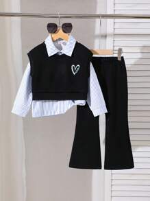 Elladie kids 3件套女童休闲条纹衬衫+爱心印花背心+裤子套装，秋冬季女童服装，女童两件套黑色背心套装，女童秋季服装 - 黑色 - 查看 4