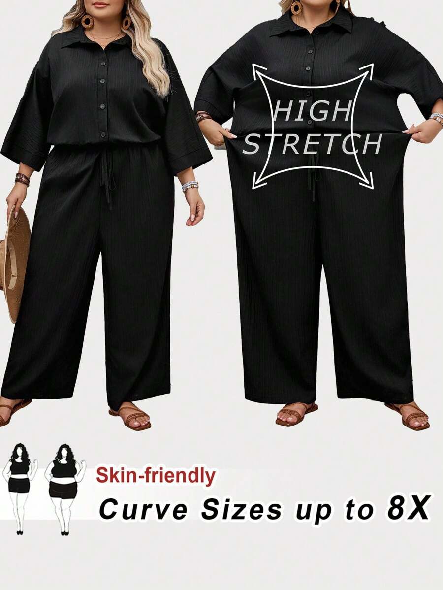 SHEIN CURVE+ 加大码海岛度假村白色纹理面料翻领短袖束腰阔腿连体裤，休闲百搭宽松连体衣夏季/乡村/海滩度假装/沙滩装/沙滩装 - 黑色 - 查看 1