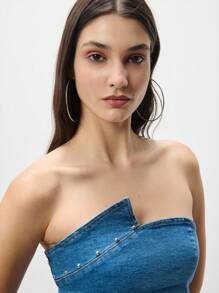 TypaGal Asymmetrical Hem Denim Top, Beach Casual Summer - Blue - View 5