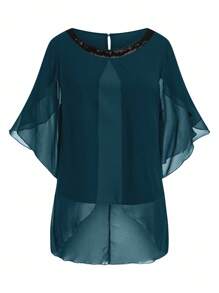 Flouryn 2pcs Women Plus Size Chiffon Round Neck Sequins Shell Sleeve Elegant Dress Set - Blue - View 4