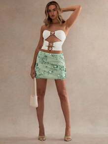 Glamine 女士花卉亮片装饰迷你裙，适合派对和场合 - 綠色 - 查看 1