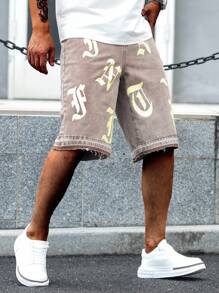 Manfinity EMRG Quần short denim ống rộng in chữ giản dị mùa hè dành cho nam - Cà phê nâu - Xem 5