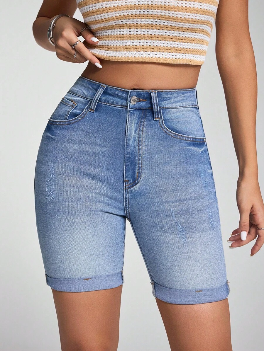 SHEIN Essnce 女式口袋紧身流苏下摆休闲牛仔短裤 - 中等水洗藍 - 查看 1