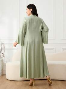 Al Najma Plus Size Women Arabic Style Contrast Lace Bell Sleeve Single-Breasted Elegant Dress