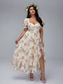 Lyrianda 大码女式优雅泡泡袖开衩下摆花卉印花连衣裙 - 彩色 - 查看 3