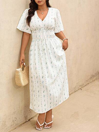 Elaquor 大码V领短袖连衣裙，时尚夏日风格