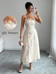 Rafferiza Váy suông họa tiết hoa 3D thanh lịch cho nữ mùa hè - Màu vàng - Xem 1