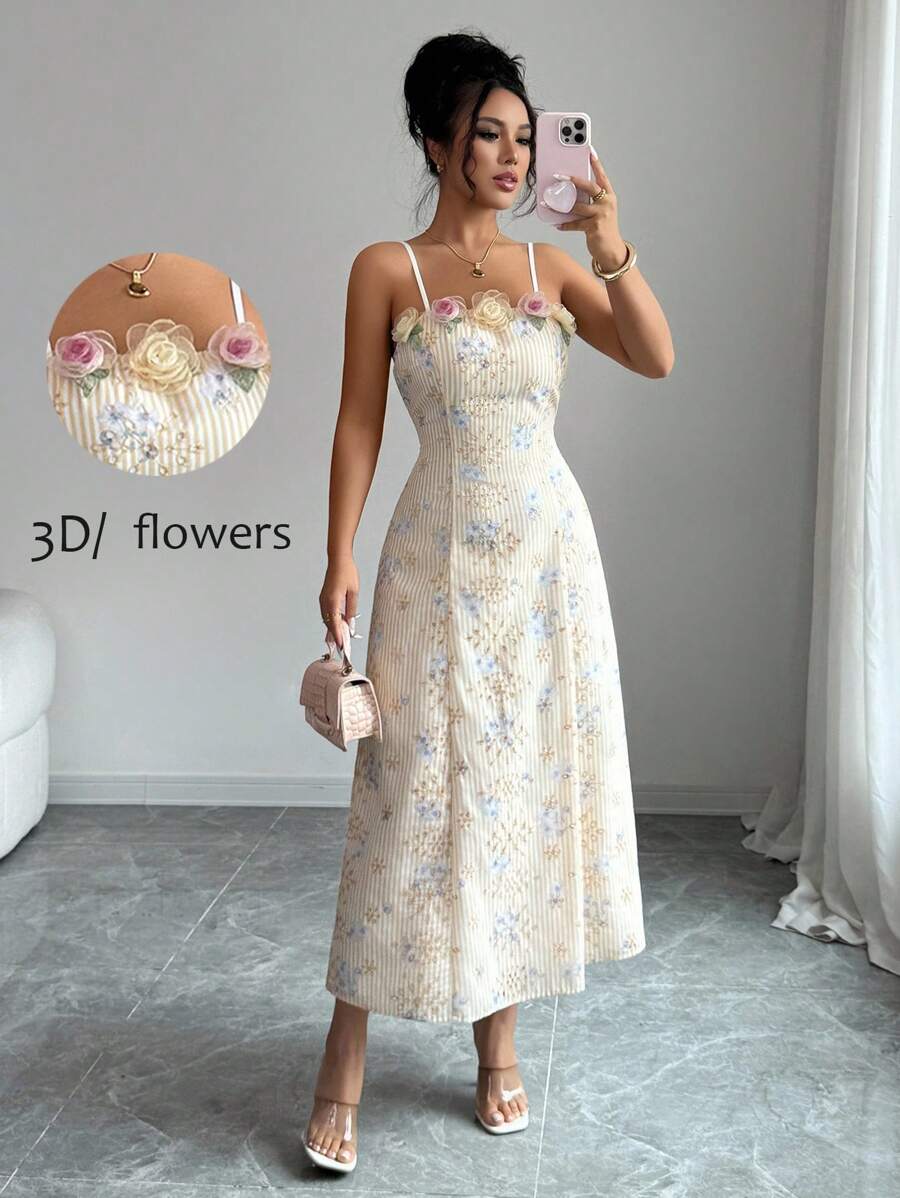 Rafferiza Váy suông họa tiết hoa 3D thanh lịch cho nữ mùa hè - Màu vàng - Xem 1