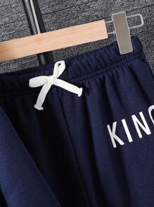 SHEIN 2pcs Set Tween Boy Casual College Style Dark Blue Paris Letter Graphic Hoodie And Dark Blue Drawstring Pants Suit, Suitable For Academy, Home, Daily Wear, Sports, Versatile And Simple, Hoodie And Sweatpants ,Setback To School Clothes Boy,School Clothes,Back To School Clothes Boys Sweatsuits Set Hoodie And Sweatpants Set Boys 2 Piece Outfit S Boys Tracksuit Fall Winter - Navy Blue - View 6