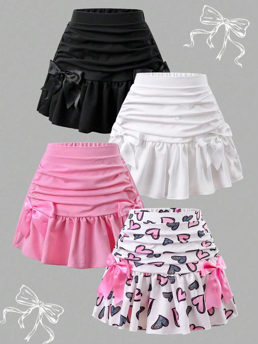 4件套少女夏季时尚纯色+心形图案蝴蝶结装饰百褶迷你裙 - 彩色 - 查看 1