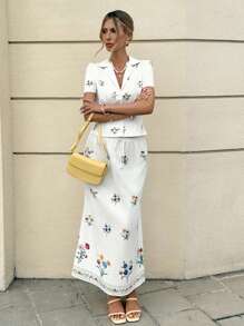 SHEIN Frenchy Women All White Floral Print Short Sleeve Top And Mini Skirt Casual Two Pieces Set White Floral Dress Women White Midi Dress Summer Midi Dress White Summer Dress Embroidered Floral Dress