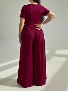 Auralis Plus-Size Summer Women's Casual Top & Wide-Leg Pants Summer Sets Spring - Burgundy - View 2