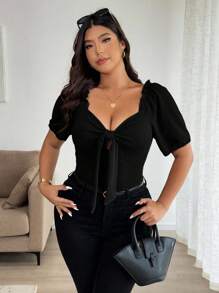 Elenzga Plus Size Black Knitted Tie-Front Top With Sweetheart Neckline And Short Puff Sleeves Black Tie Front Top Black Ribbed Top Puff Sleeve Top Women Black