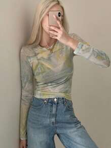 DAZY Blusa de manga larga transparente con estampado de mármol, ropa de mujer para otoño - Multicolor - Ver 5