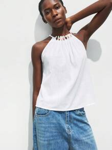 Maija 2026 Spring & Summer Outfits Women's Halter Design Bohemian Resort Top, White Pleated Camisole For Summer Vacation, Beach Wear Romantic,Bohemian Style, Beach Wear, Swimsuit Cover-Up,Simple Daily Wear, Country Style, Essential, Solid Color,Ideal For Woman Going Out Tops Graduation Outfit European Summer Hawaii Outfits For Women Streetwear Women Stockholm Style Teacher Outfits For Women,Summer Tops,Beach Outfit For Women - Apricot - View 5