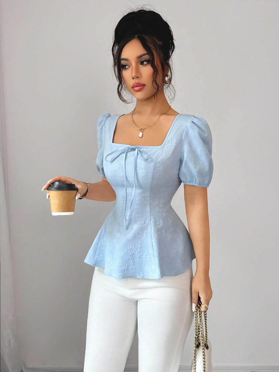 Elenzga New Women's Fashion Versatile French Bowknot Up High-End Puff Sleeve Unique Elegant Jacquard Fabric Shirt