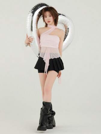 SHEINxHITOMI ROMWE Punk Sexy Super Low Waist Metal Eyelet Pleated Mini Skirt For Women