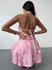 Firerie Women's Pink Floral Sequin Dress,Summer Girly Night Out Bodycon Backless Draped Neck Beaded Floral Embroidery Elegant Party Music Festival Dress - Pink - View 5