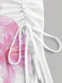 SHEIN MOD Áo thun bó sát hở vai không đối xứng, dây rút, thích hợp cho mùa hè, họa tiết hoa, họa tiết Hawaii - Nhiều màu - Xem 3