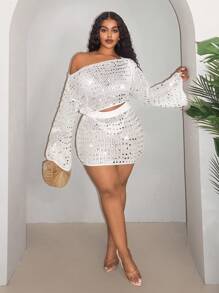 性感闪光针织圆领长袖上衣和紧身迷你裙套装，时尚休闲装，不对称设计 - 白色 - 查看 8