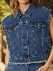 WESTFADE Collared Button Front Tapestry Patterned Jacquard Star Back Sleeveless Fray Hem Denim Jean Vest - Medium Wash - View 2