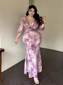 Vibekara Vestido elegante de cóctel para fiestas y eventos festivos con cuello en V, mangas de farol, cintura ceñida y bajo de cola de sirena para mujeres de talla grande