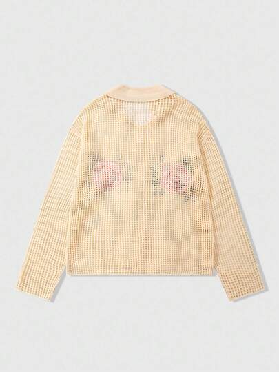 Street Life Men's Long Sleeve Single Breasted Apricot Floral Embroidery Cardigan