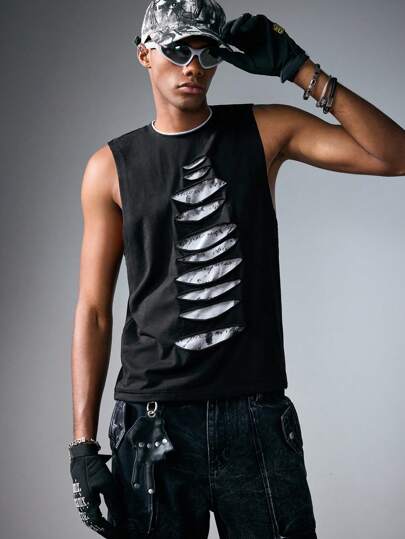 Grunge Punk Camiseta de tirantes casual y deportiva estilo callejero con desgaste para hombres