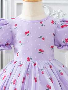 Young Girl Cherry Print Puff Sleeve Party Dress - Purple - View 5