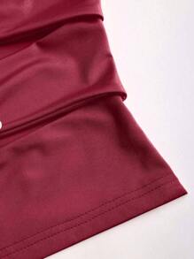 SHEIN Unity 全新 Y2K 风格花卉图案褶饰腰部修身短款女式上衣 - 酒紅色 - 查看 5