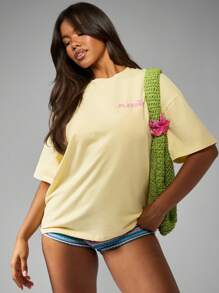 Missguided x Playboy Oversized Bunny Logo Graphic Tee Short Sleeve Summer Spring Festival Cotton Casual Leisure Streetwear Weekend Comfort Top - Yellow - View 5