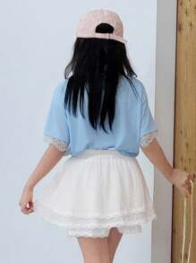 DAZY 2pcs/Set Tween Girls ' Polo Collar Knit Printed Short Sleeve T-Shirt & Skirt Outfit, Summer,Back To School Clothes - Blue - View 6